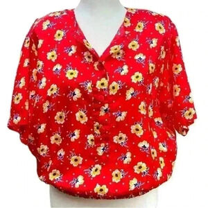 Vintage Notations Red & yellow floral Short Sleeve Button Shirt polka dots M